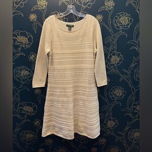 Ralph Lauren LAUREN knit a line dress 3/4 sleeve IVORY & GOLD size XL
